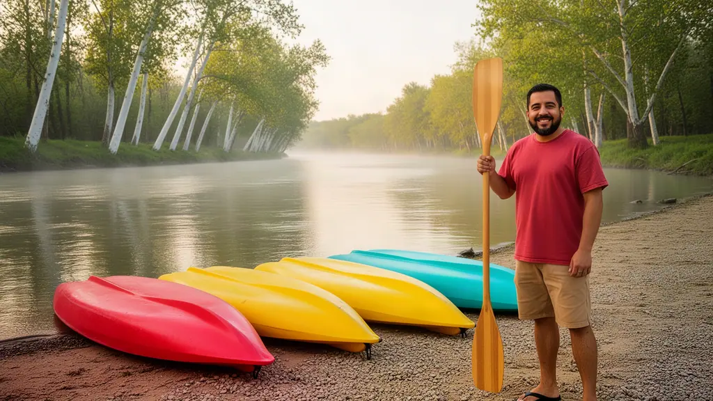 Smiling kayak outfitter in a red t-shirt holding a wooden paddle beside upturned kayaks on a misty river bank